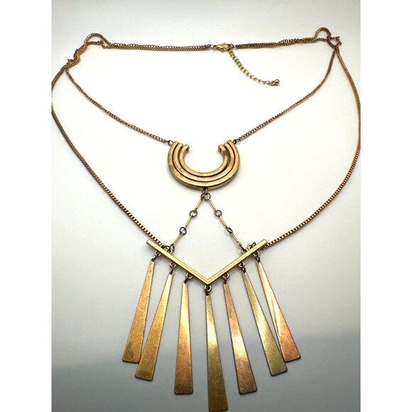 Long Crescent Dangle Retro Statement Necklace Vintage Gold Tone - Picture 3 of 9